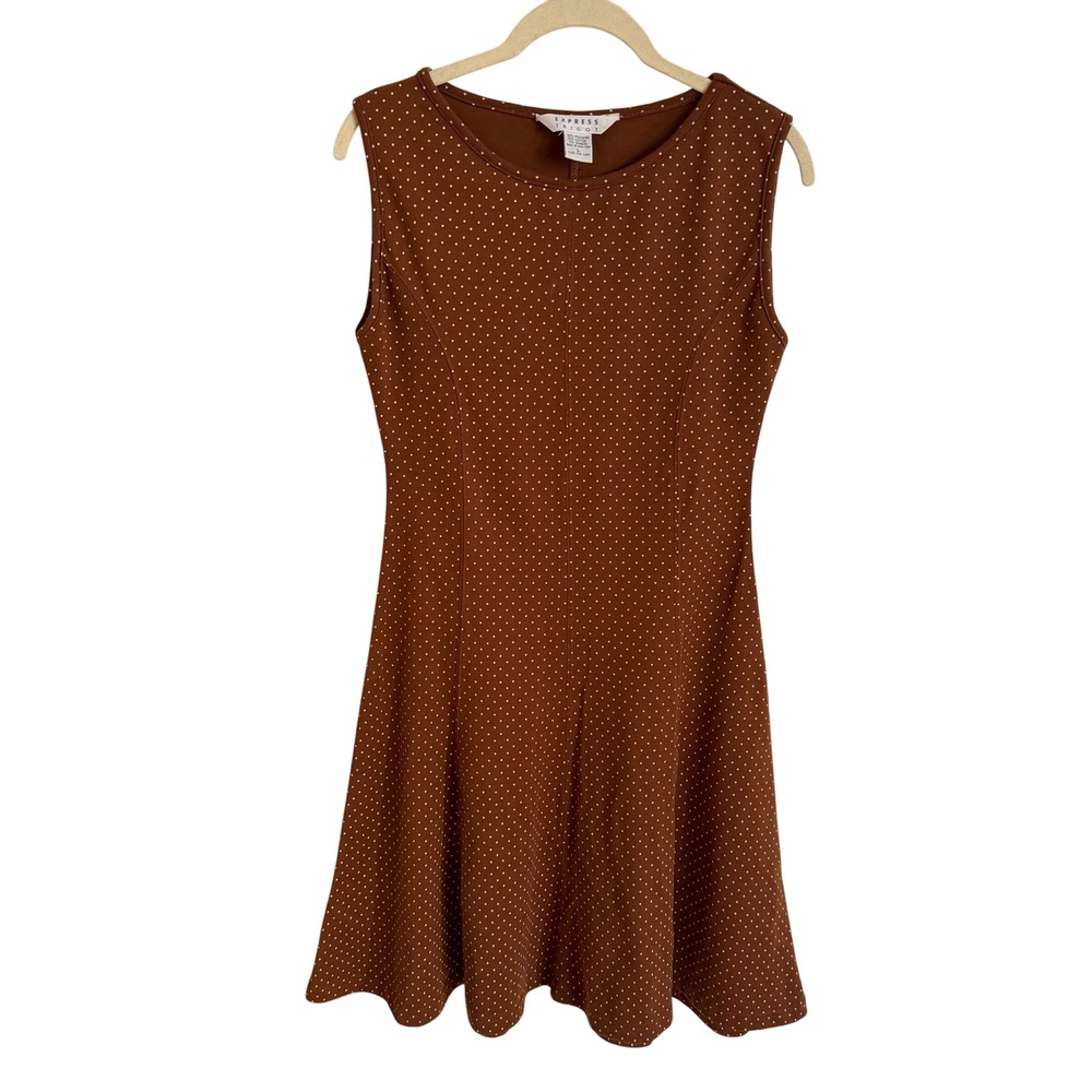 Express Tricot Vintage Polka Dot Fit & Flare Dress Brown Sleeveless Large